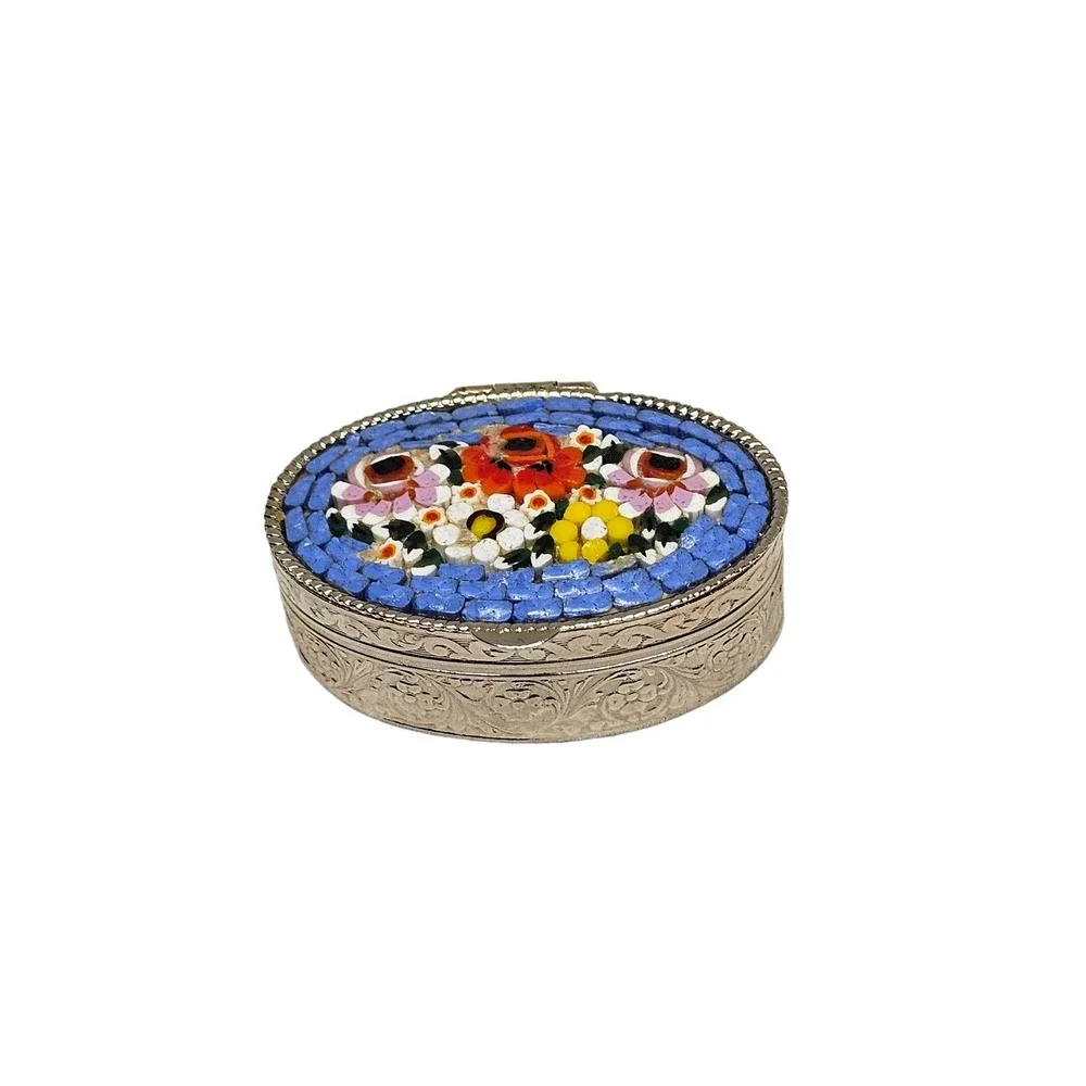 Vintage Flower Micro Mosaic Trinket‎ Box Pill Box Blue Floral